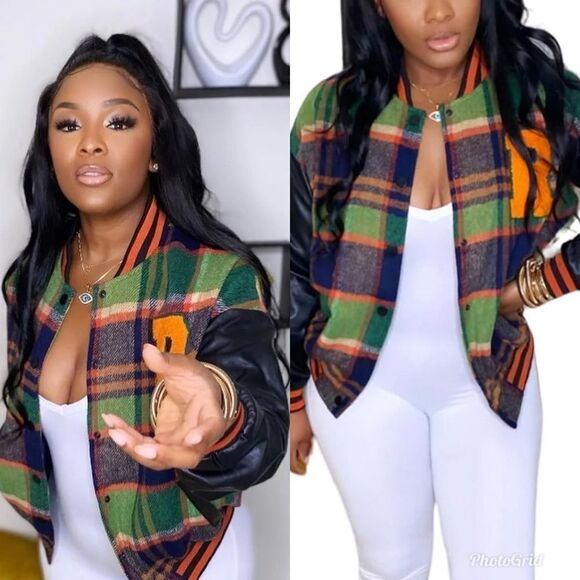 Better Be Faux Leather Sleeve Plaid Bomber Jacket with Snap Buttons - Picture 1 of 10